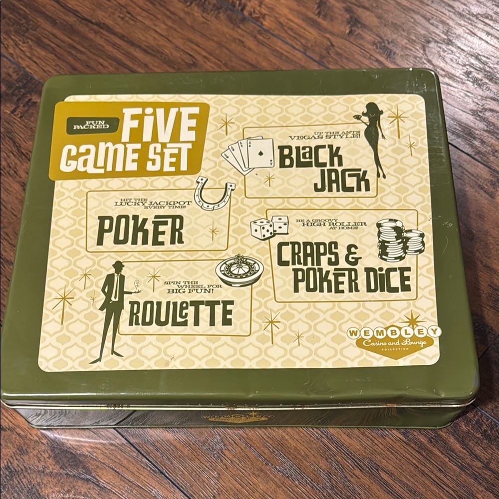 Wembley 5 Casino Games Set Black Jack Roulette Poker Craps Poker Dice Box NEW
